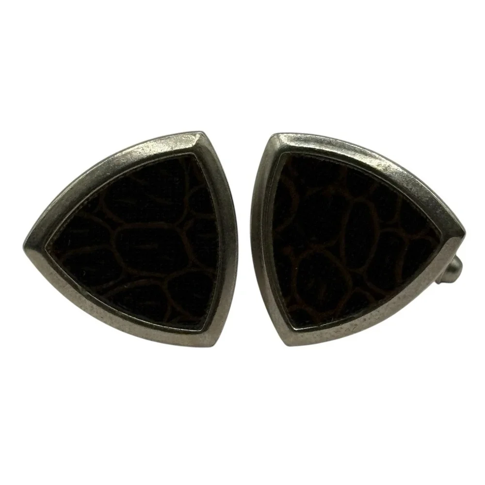 Vintage Cuff Links Brown Leather Formal‎ Shirt Accessory Men's Silver Tone MCM